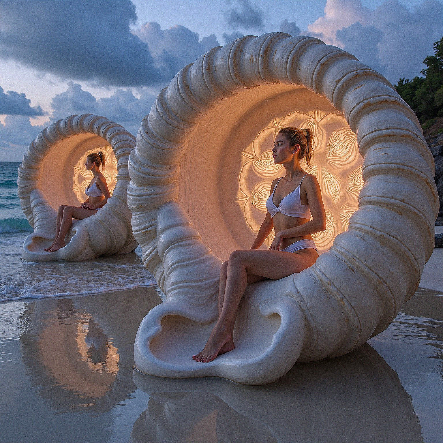 Shell-Shaped Structures on a Tranquil Beach Scene