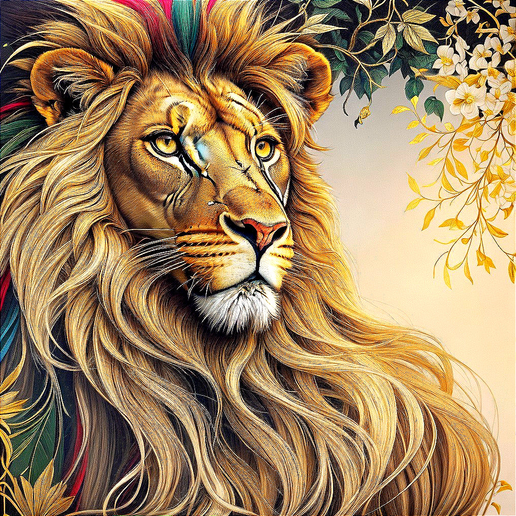 Majestic lion in vibrant colors with floral backdrop