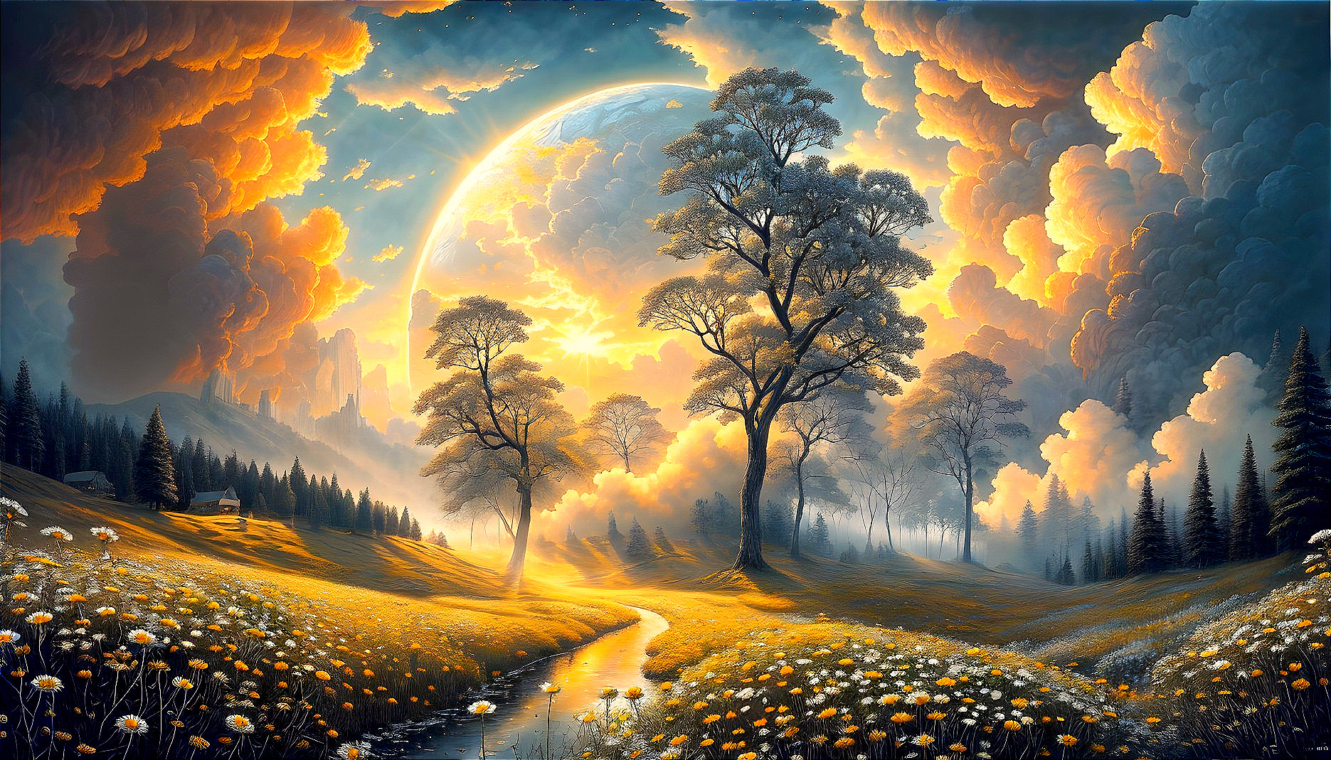 Vibrant orange and blue sky over fantastical landscape