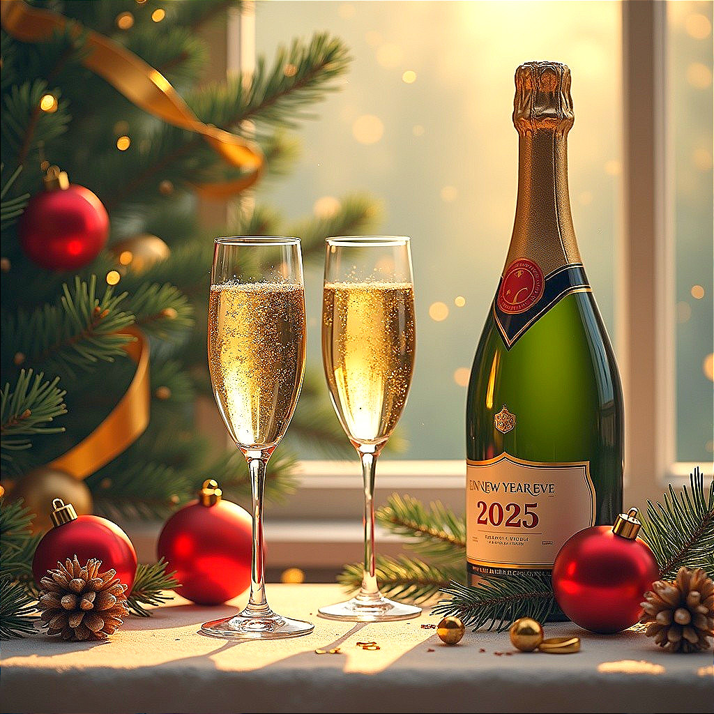 Champagne Flutes and Christmas Decor for New Year's Eve