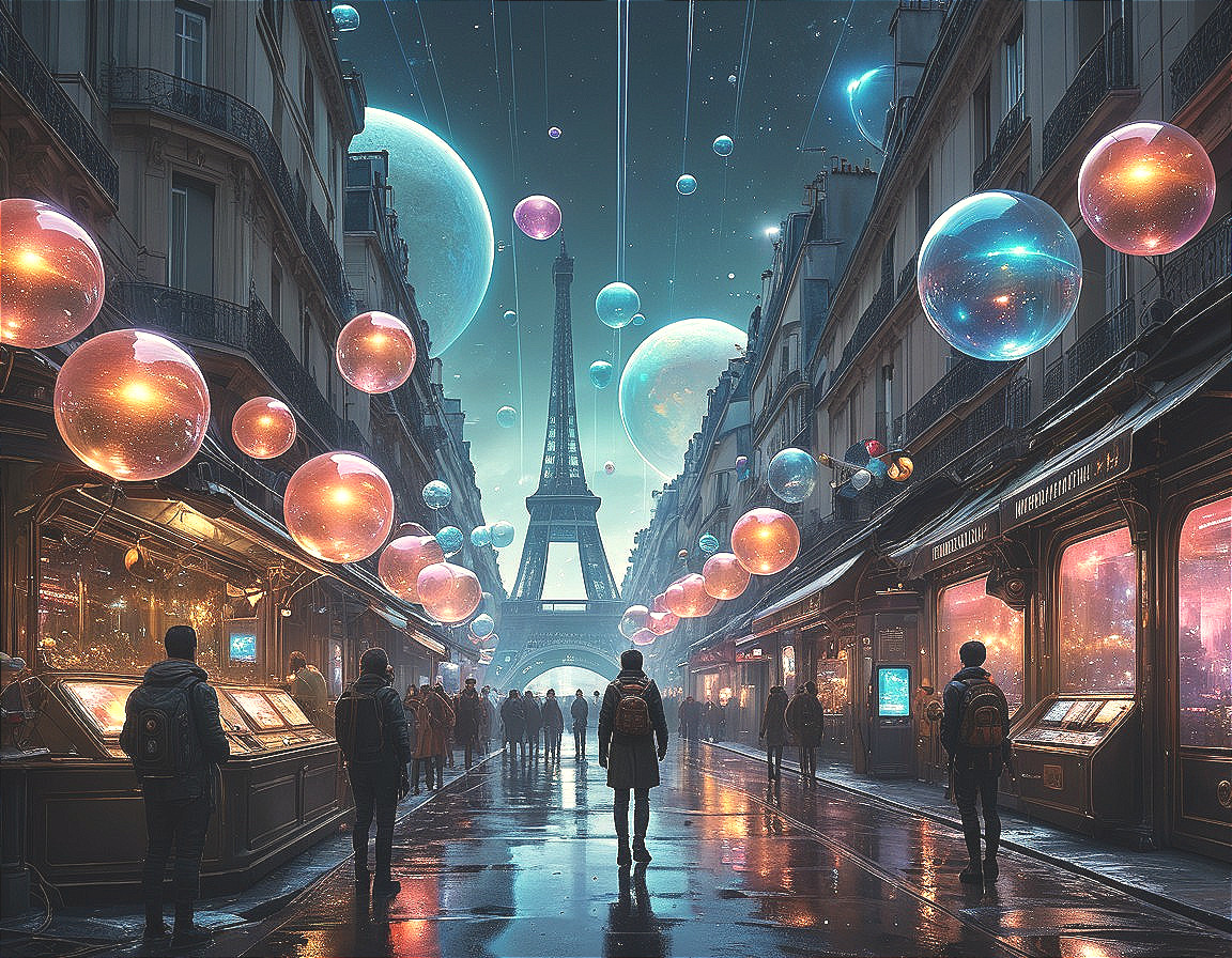 Whimsical Paris Night Scene with Eiffel Tower and Shops