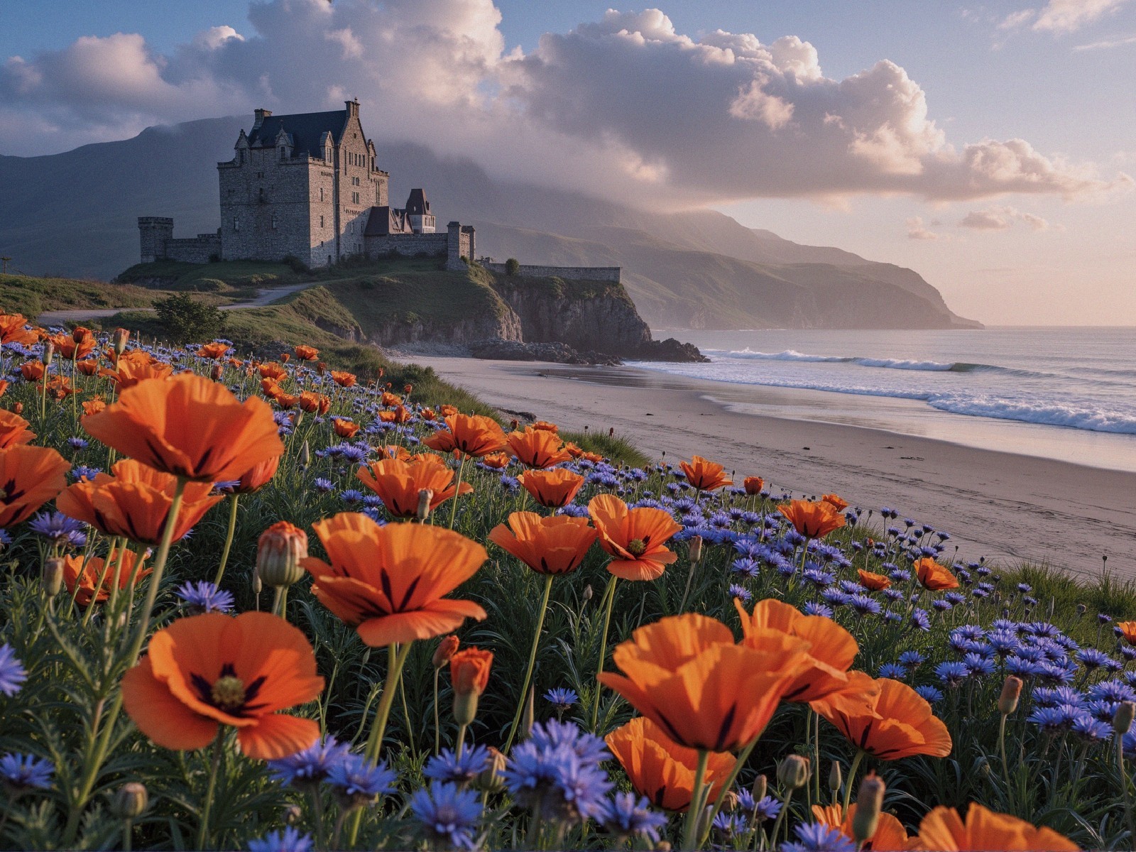 Castle on Cliff Overlooking Beach with Colorful Flowers