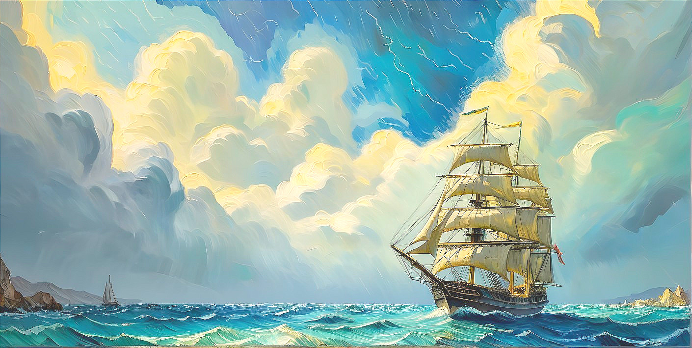 Tall Ship on Turquoise Waters with Dramatic Clouds