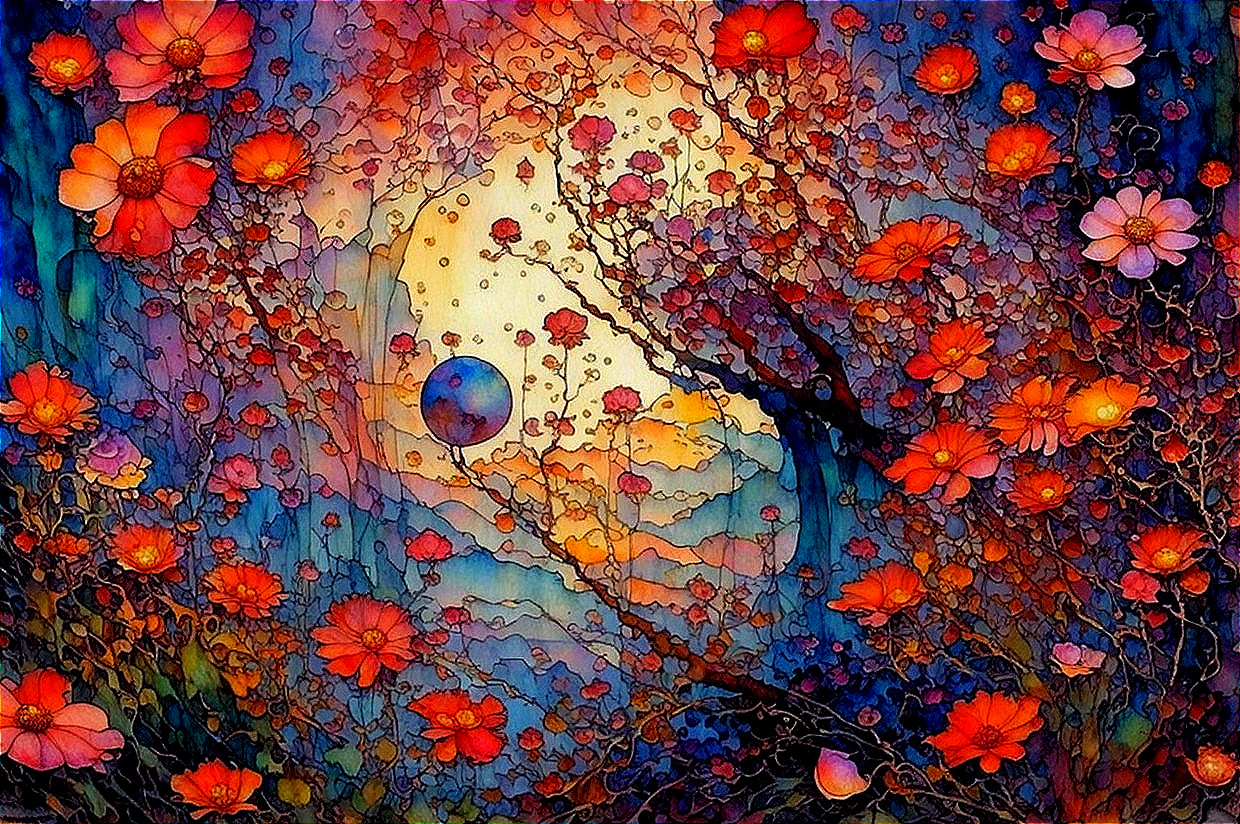 Colorful painting of tree with red and pink blossoms against moon and blue sphere