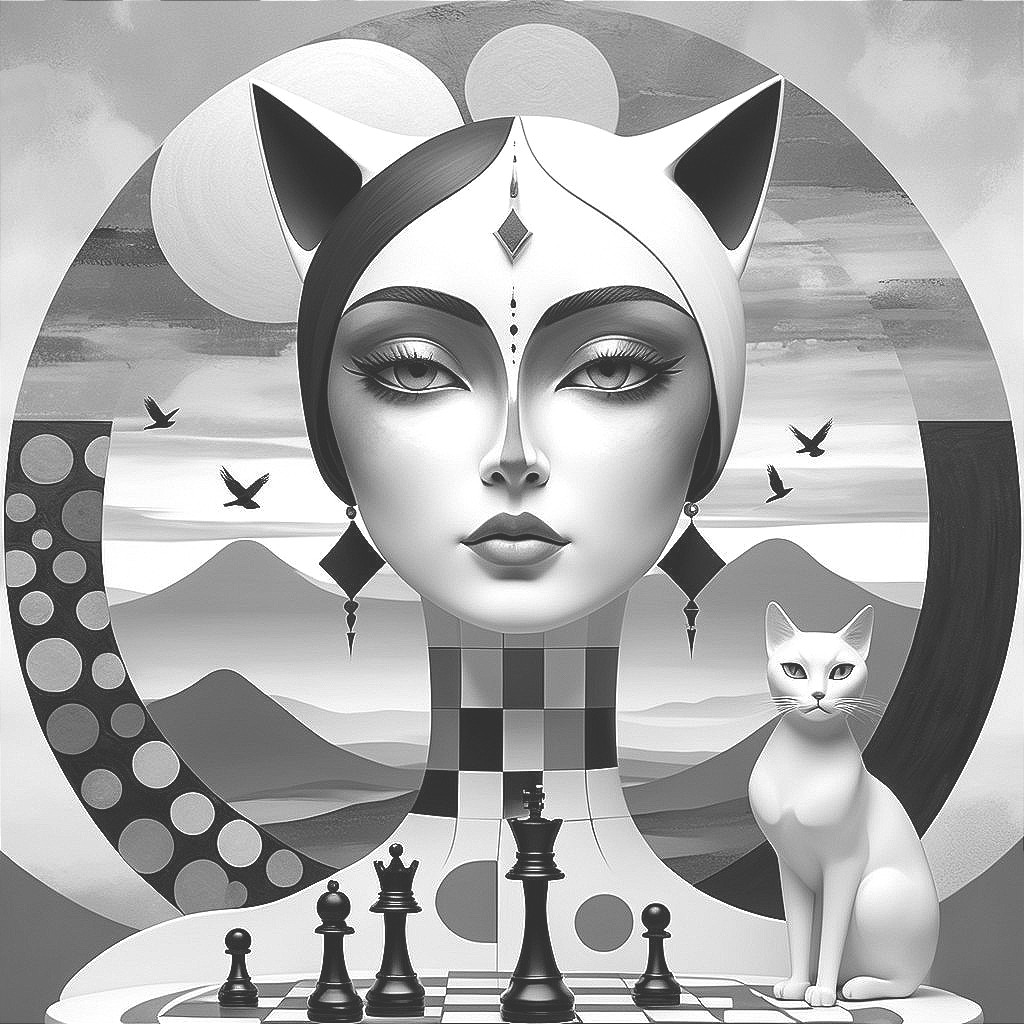 Stylized Portrait of a Woman with Cat Ears and Chessboard