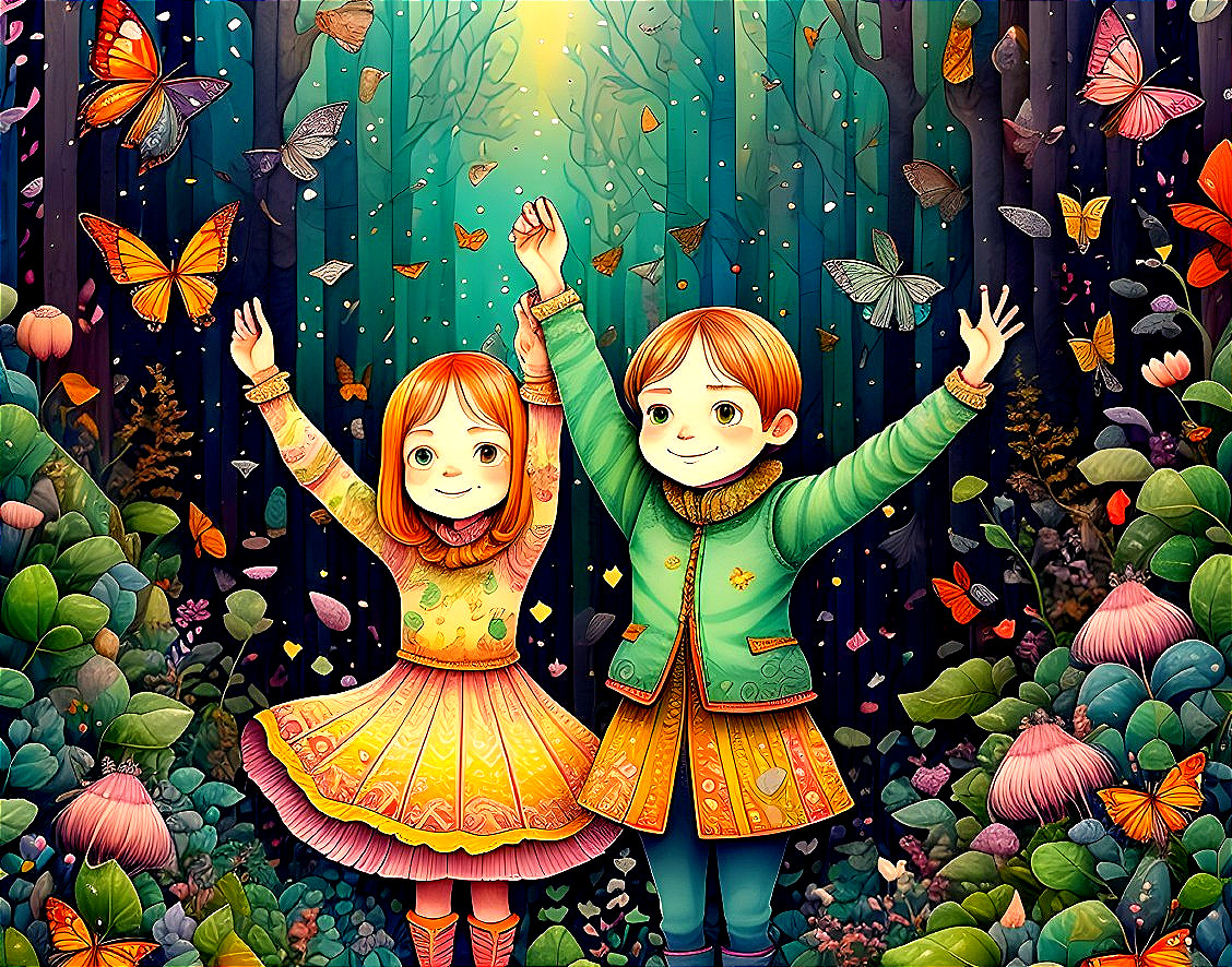 Children in a vibrant forest with colorful butterflies