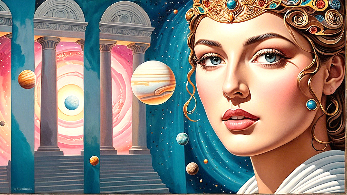 Woman with Golden Crown in Cosmic Setting