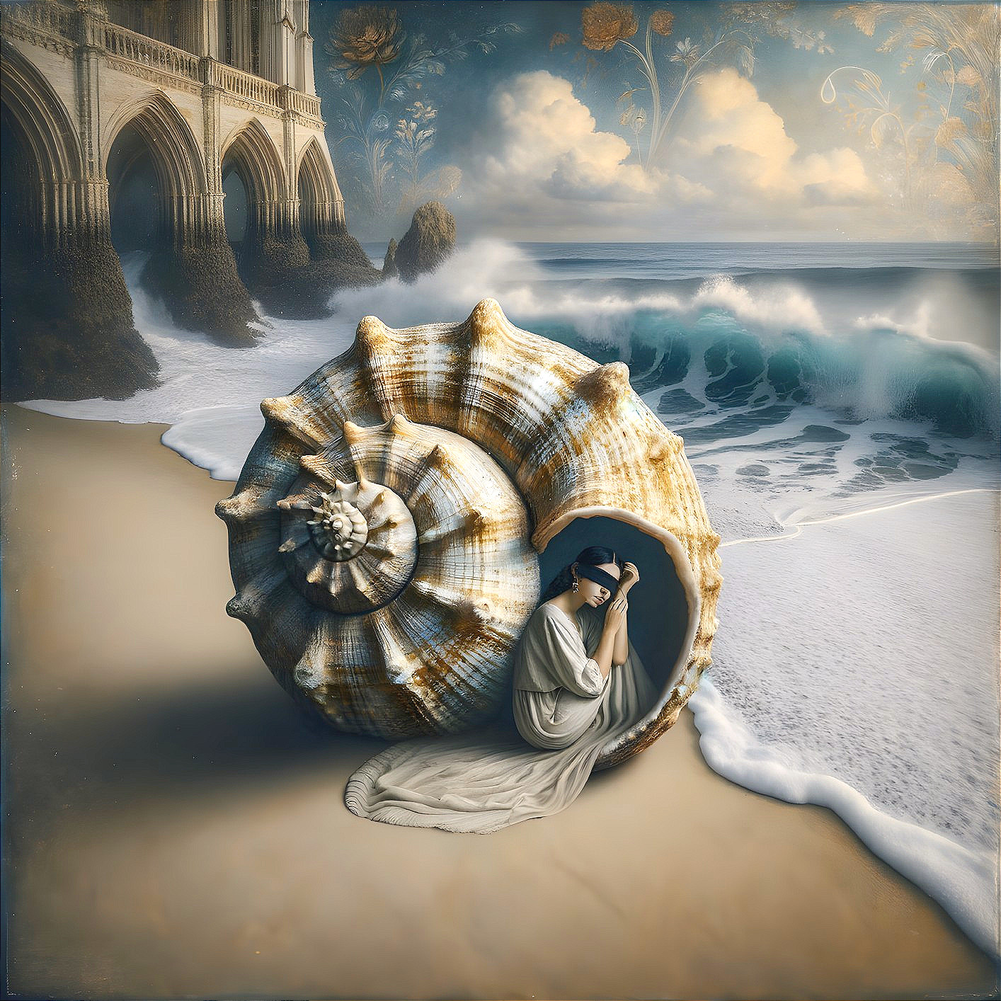 Serene Beach Scene with Spiraled Seashell and Woman