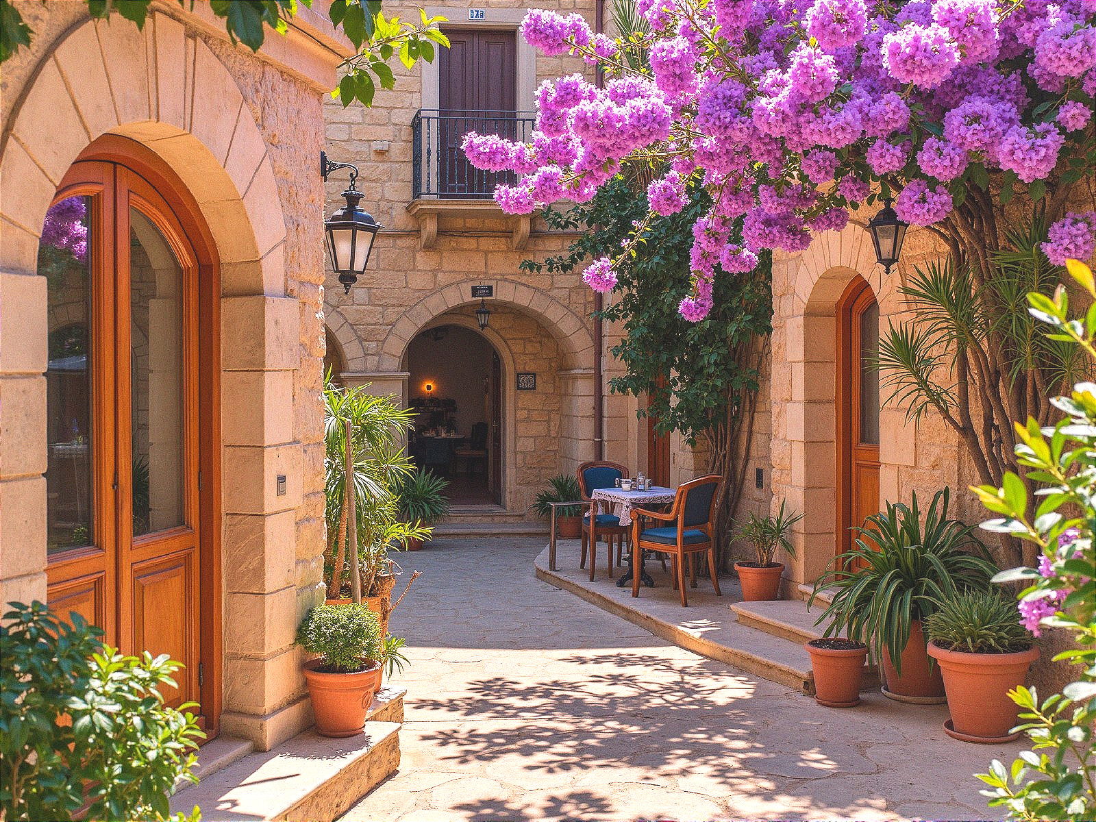 Charming Courtyard with Stone Archways and Bougainvillea