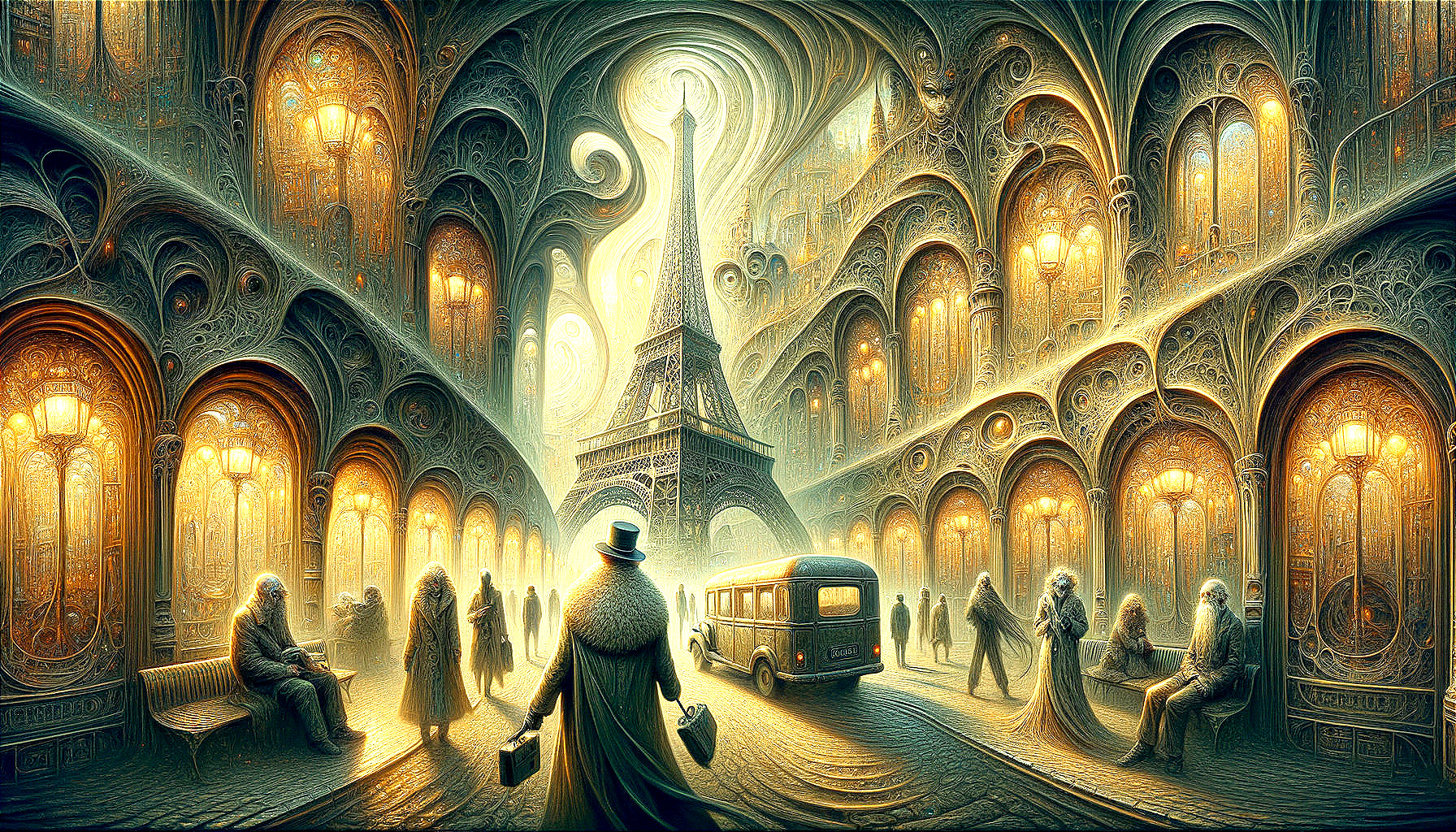 Surreal Scene of Winding Street with Glowing Arches