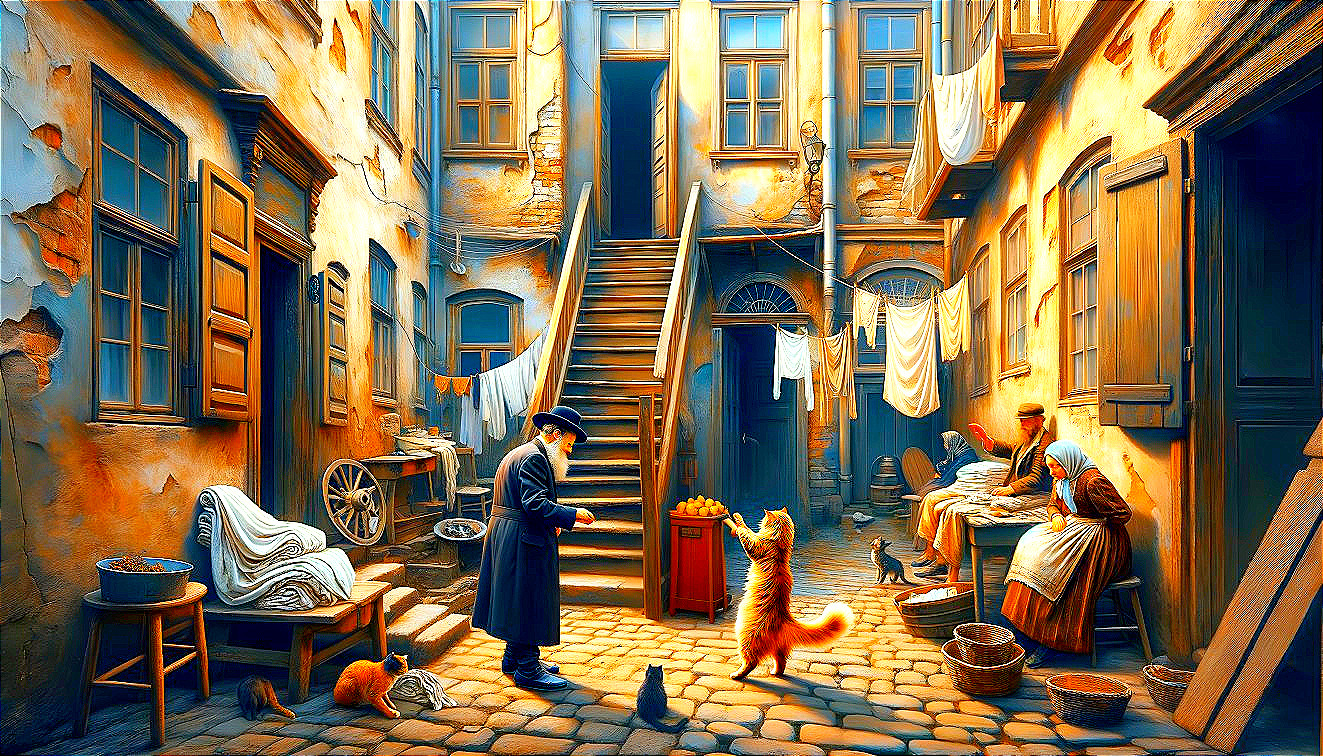Charming courtyard scene with boy, dog, and women