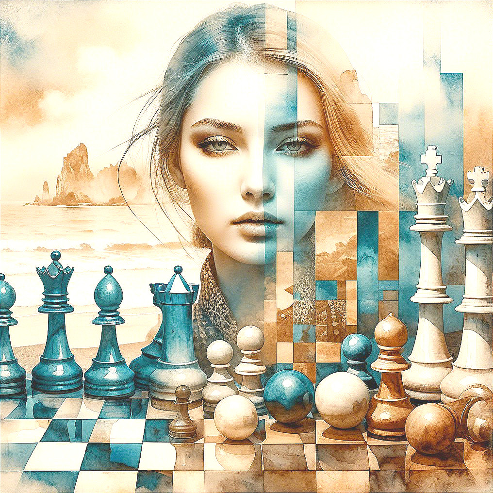 Surreal Artwork of Woman's Face and Chessboard