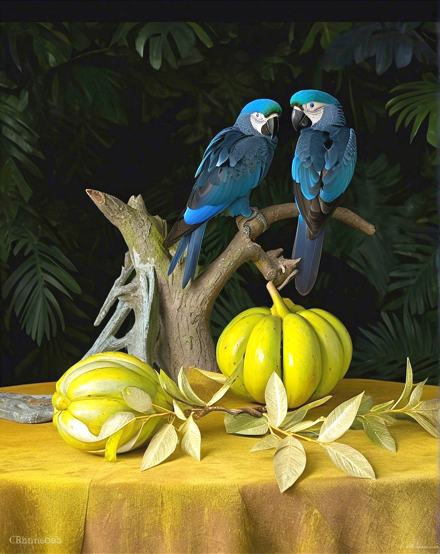 Vibrant Blue Parrots on Gnarled Branch with Gourds