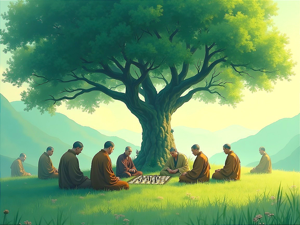 Monks Playing Chess in a Sunlit Meadow Setting