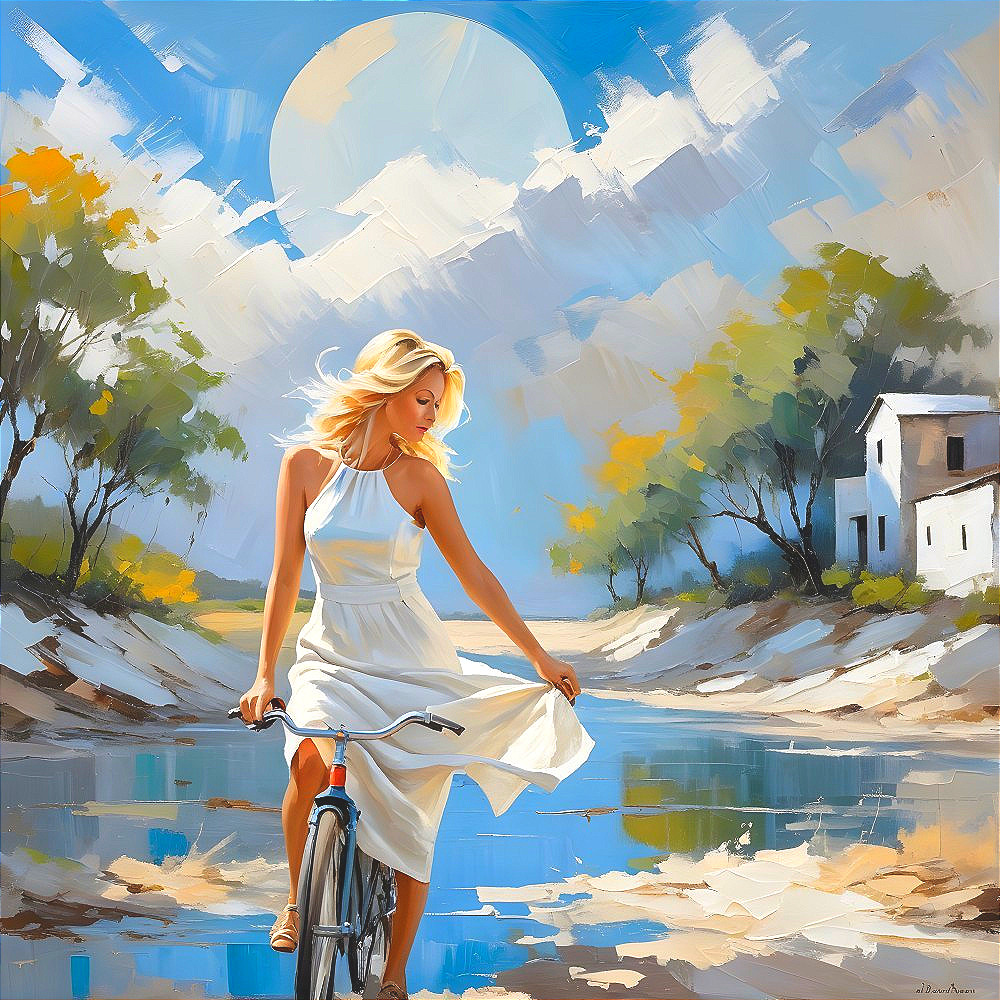 Young Woman Biking by a Peaceful River Landscape