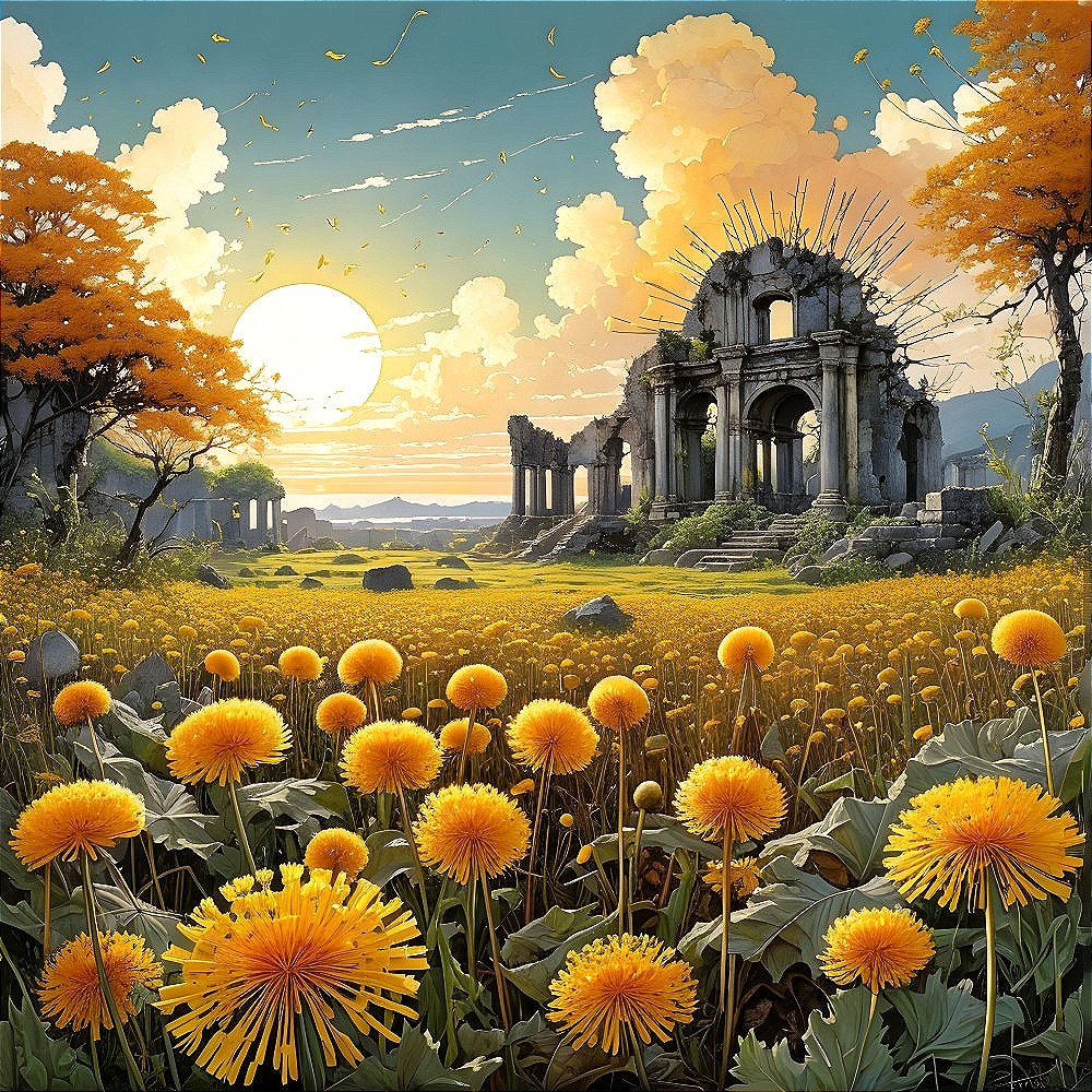 Vibrant Landscape with Dandelions and Ancient Ruins