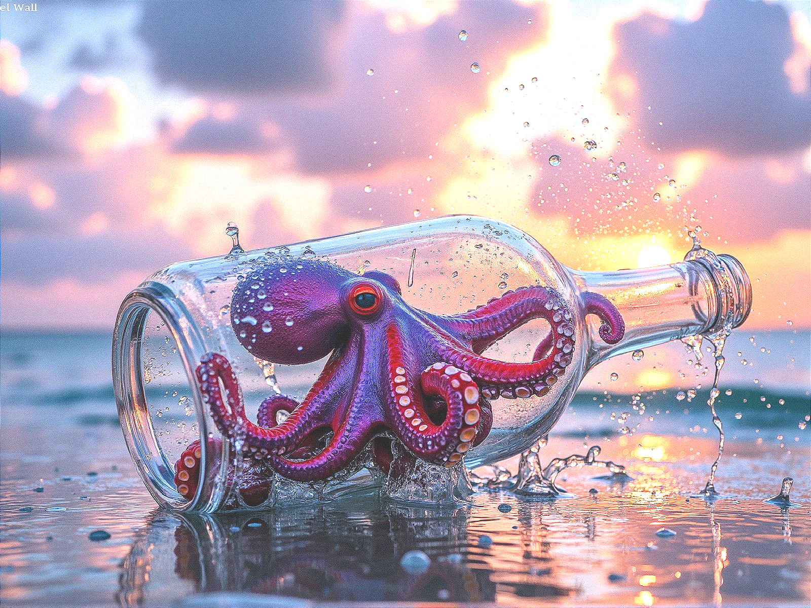 Pink octopus in a bottle against a sunset backdrop