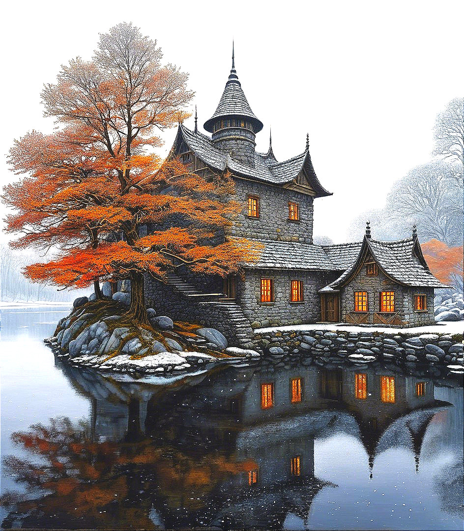 Stone Cottage by Tranquil Lake in Autumn Setting