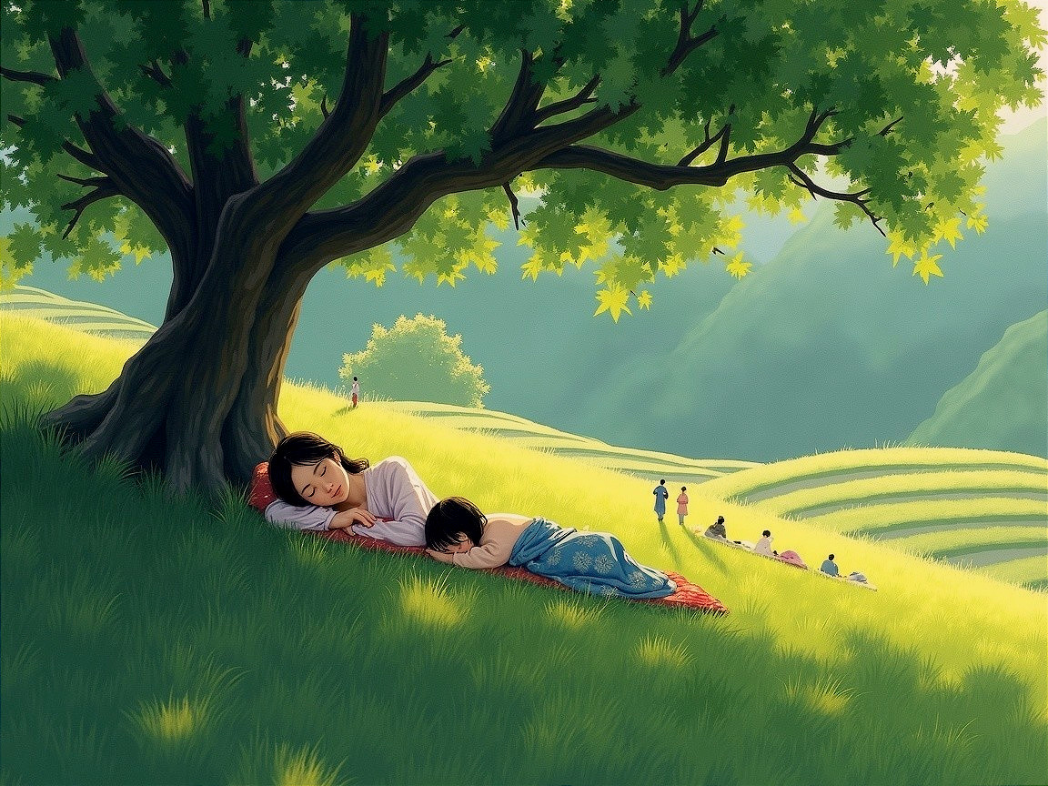 Serene Landscape with Woman and Child Under Tree
