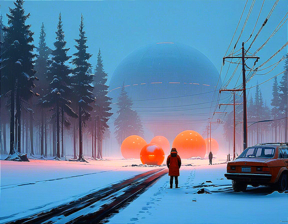 Snowy Landscape with Vintage Car and Glowing Spheres