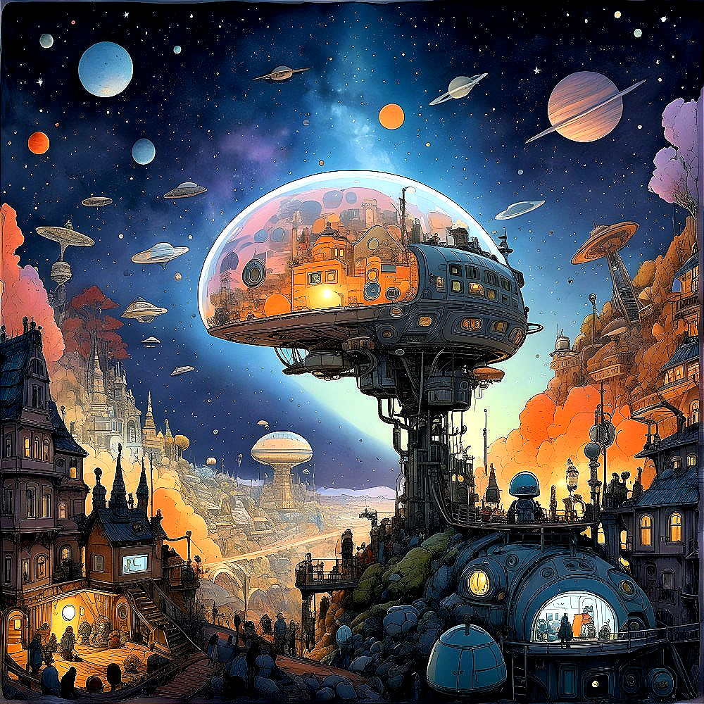 Futuristic cityscape with dome and starry sky