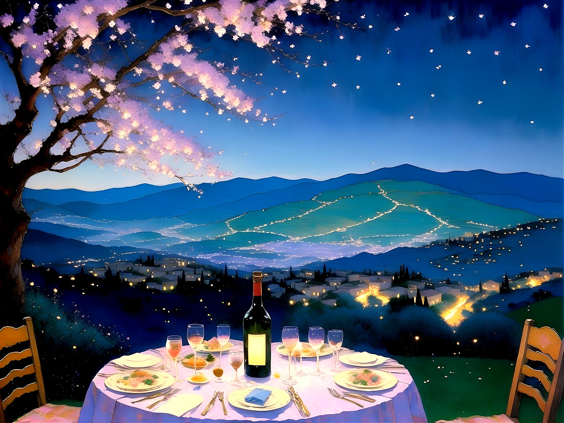 Romantic Dinner Setting with Mountain Twilight Ambiance