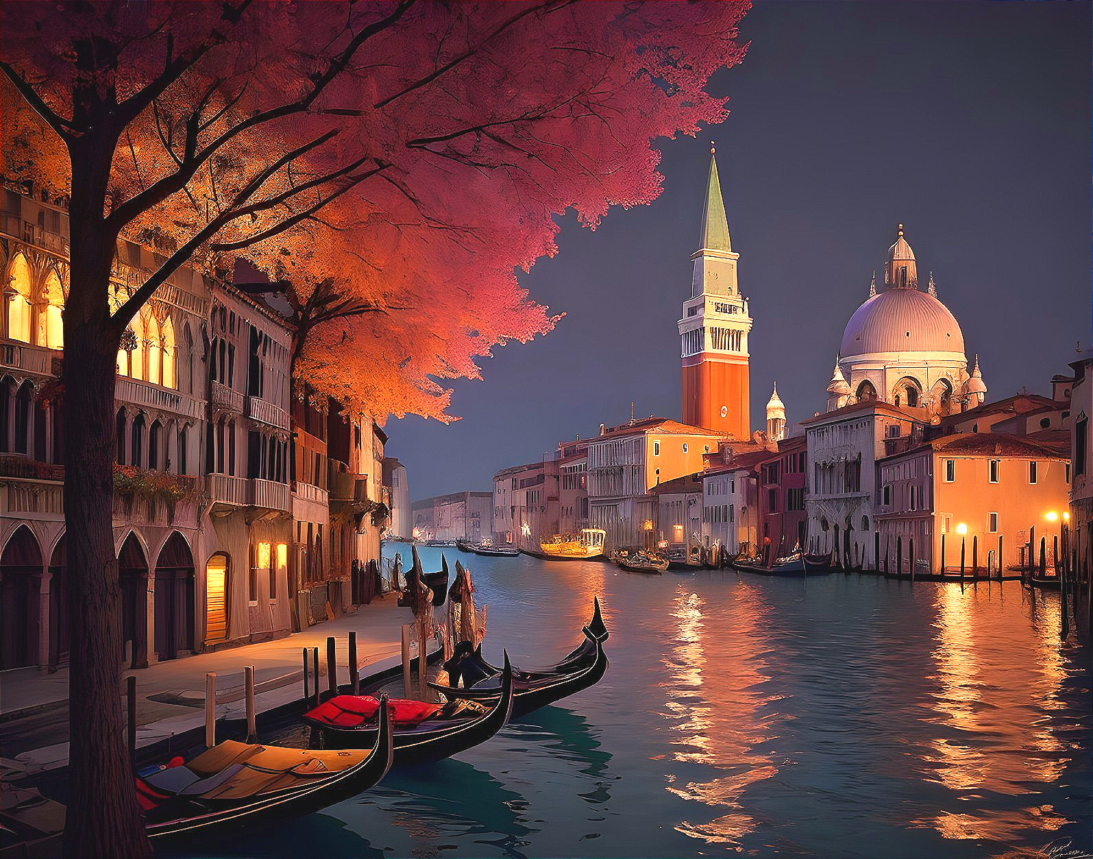 Venice Twilight Scene with Gondolas and Bell Tower