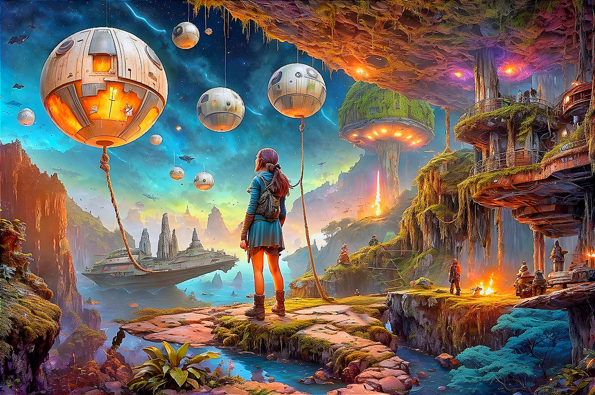 Vibrant fantasy landscape with floating spheres and luminous flora
