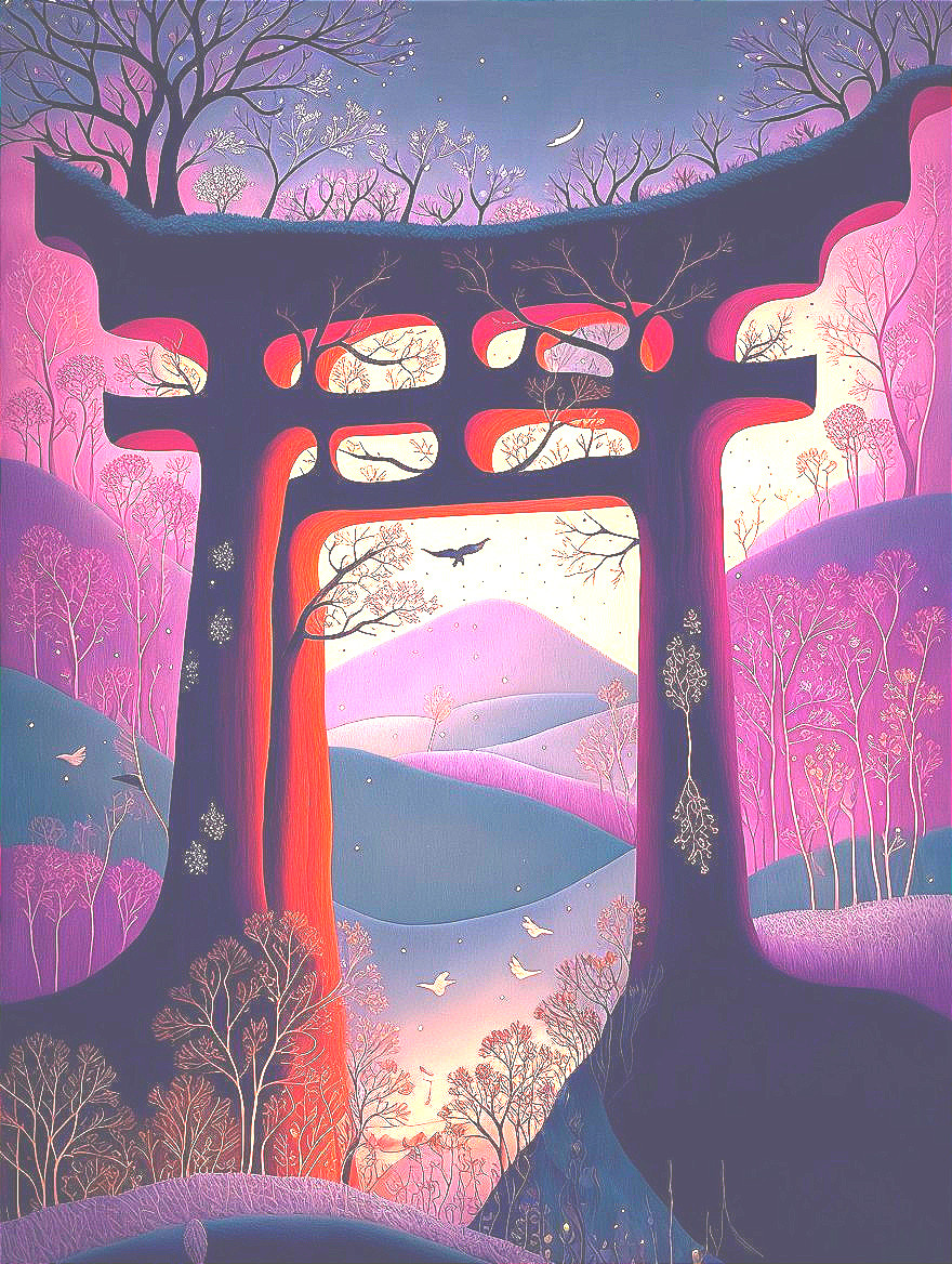 Surreal Landscape with Torii Gate and Gentle Hills