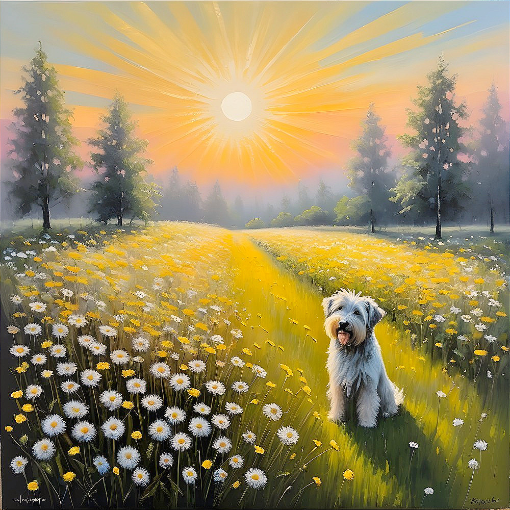 Sunlit Meadow with Flowers and a White Dog