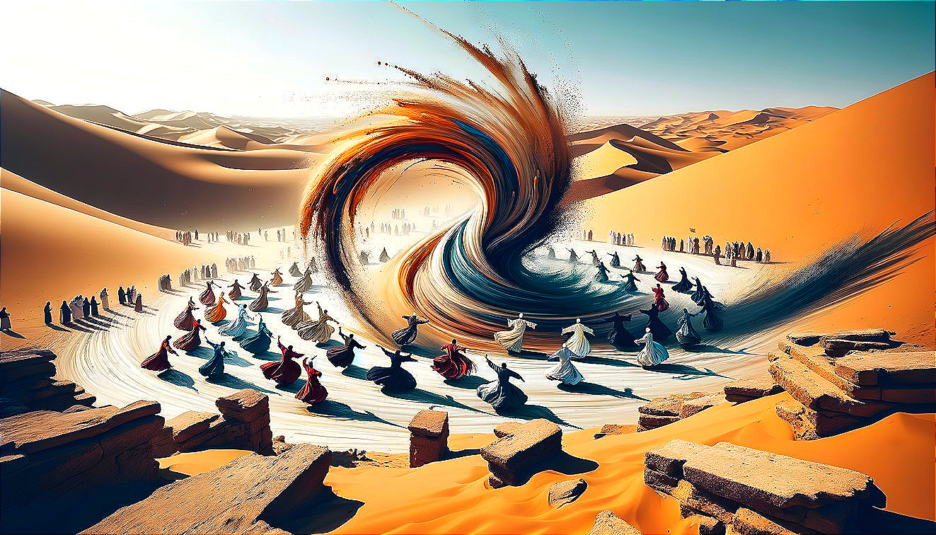 Desert Landscape with Dancers Around Colorful Vortex