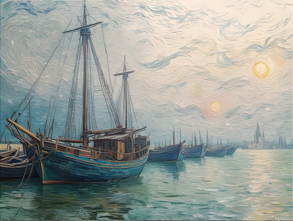 Serene harbor scene with wooden ships and swirling sky