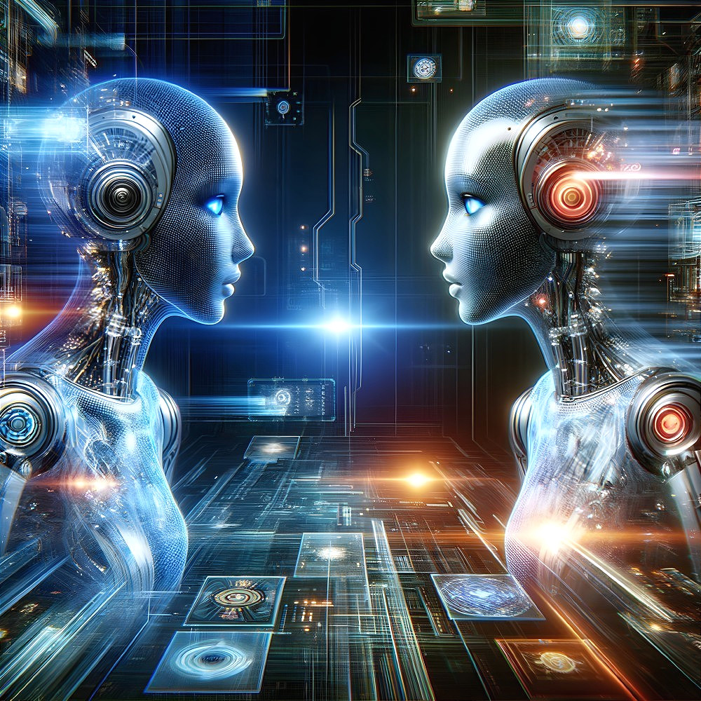 Futuristic humanoid robots in digital circuitry setting