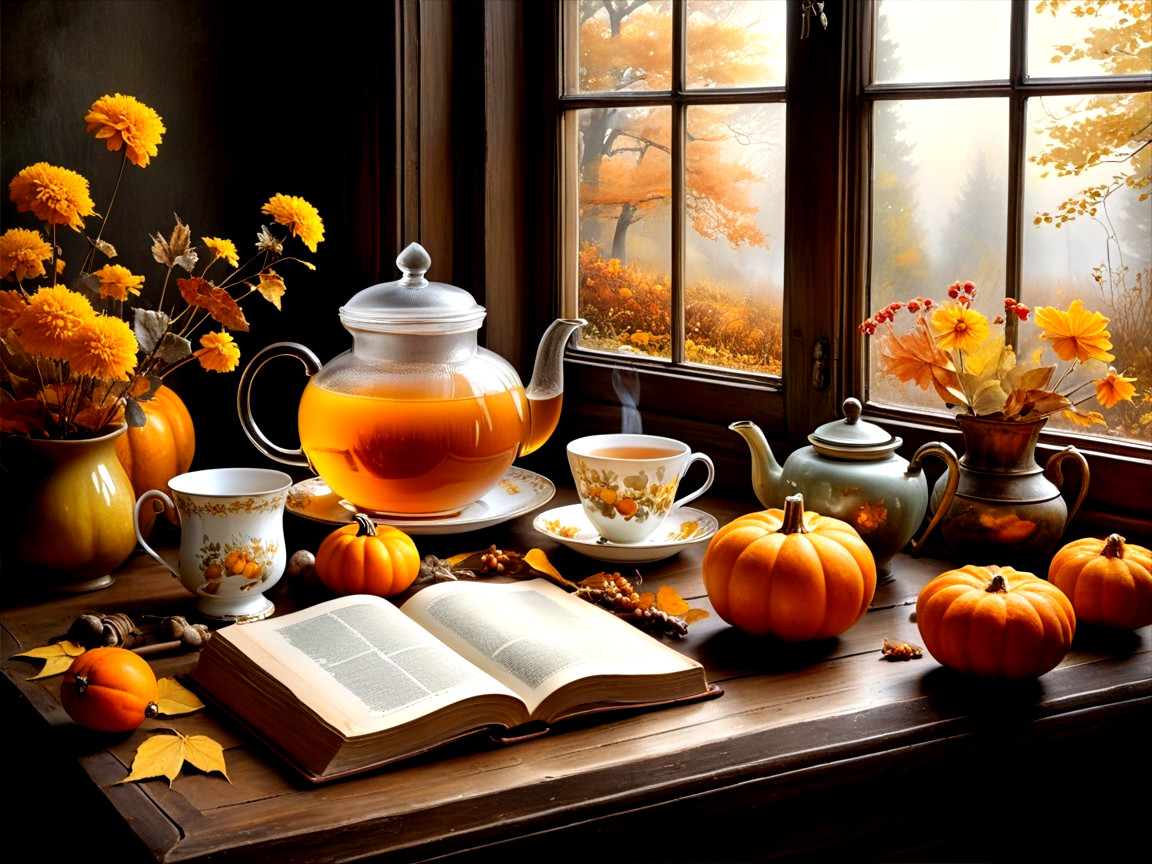 Cozy Autumn Scene with Teapot and Colorful Foliage