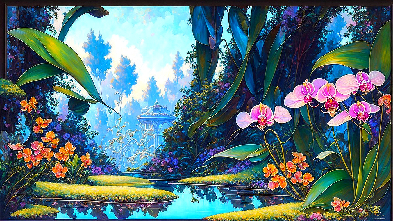 Vibrant Garden Scene with Pond and Orchids