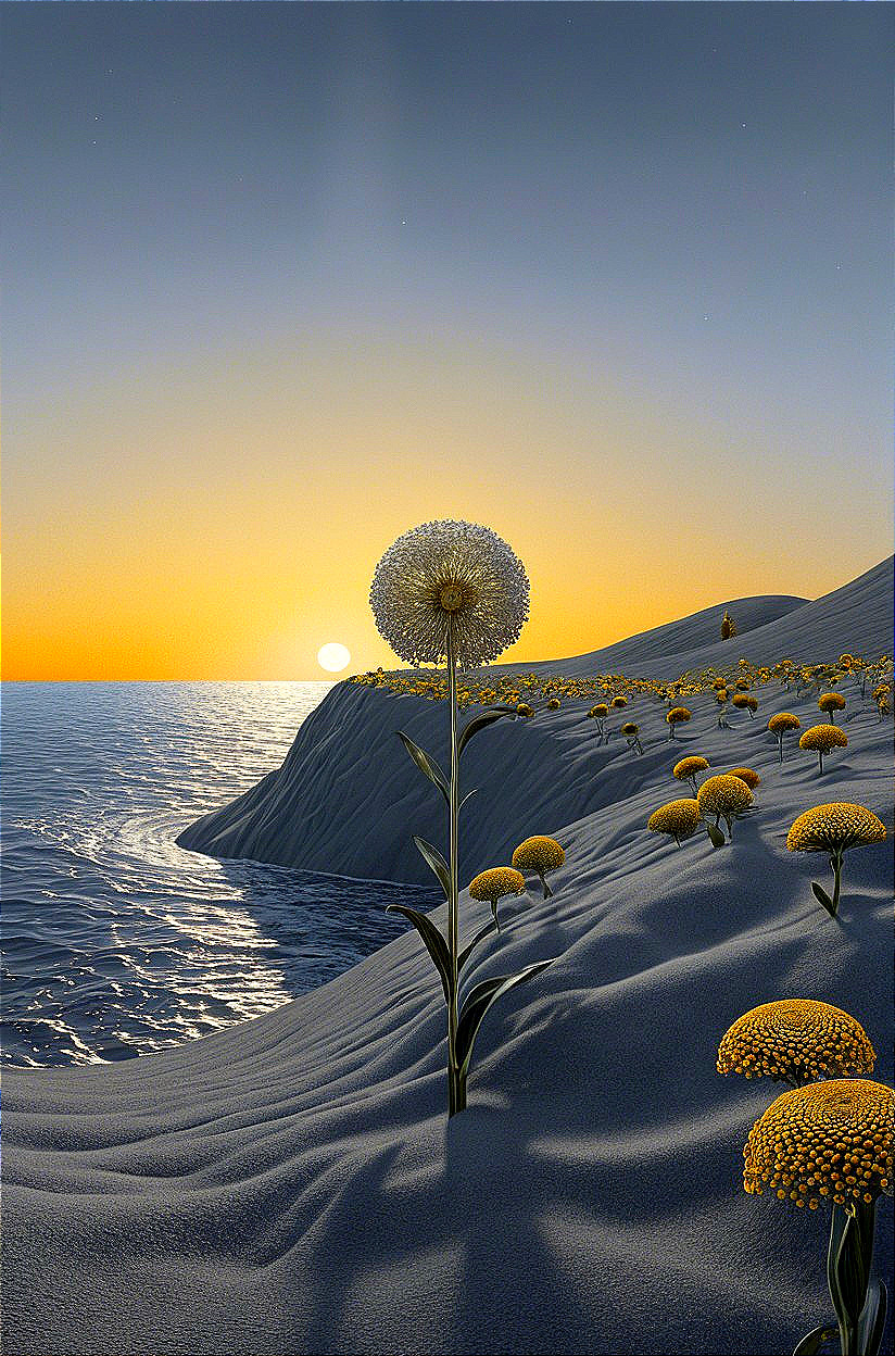 Surreal Landscape of Sandy Shore and Vibrant Flowers