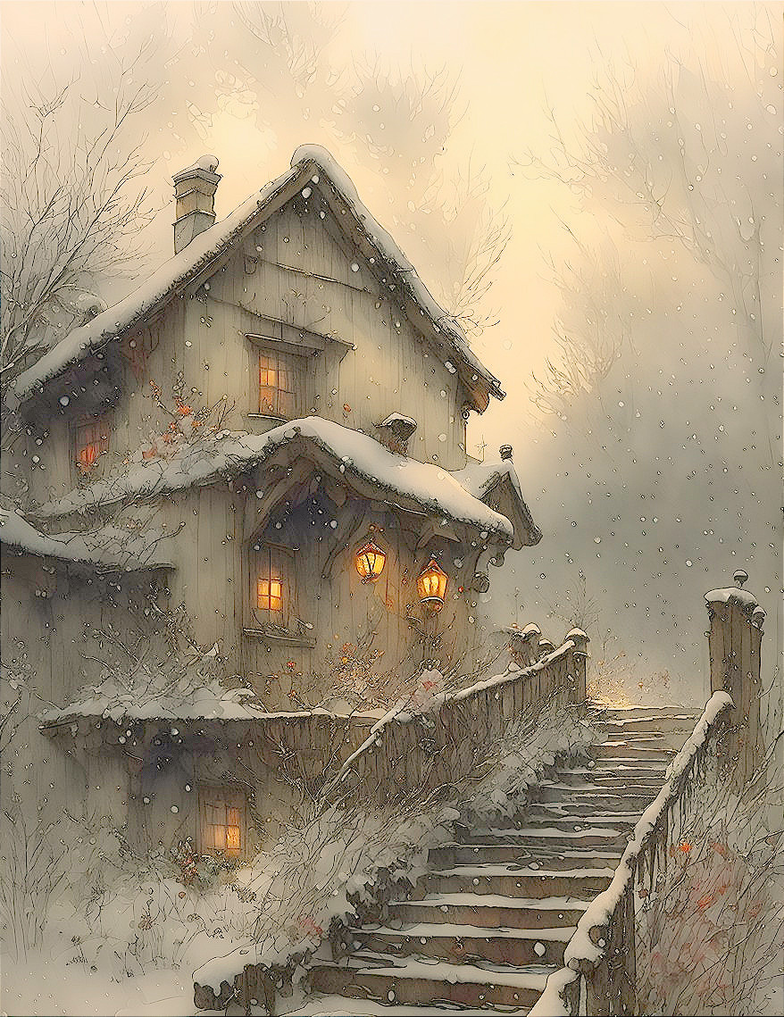 Snowy Cottage in Winter Landscape with Warm Light