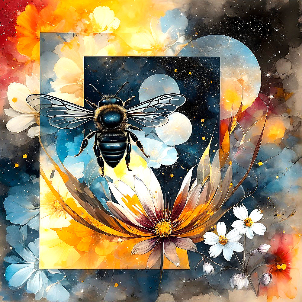 Vibrant Abstract Composition with Bee and Flowers