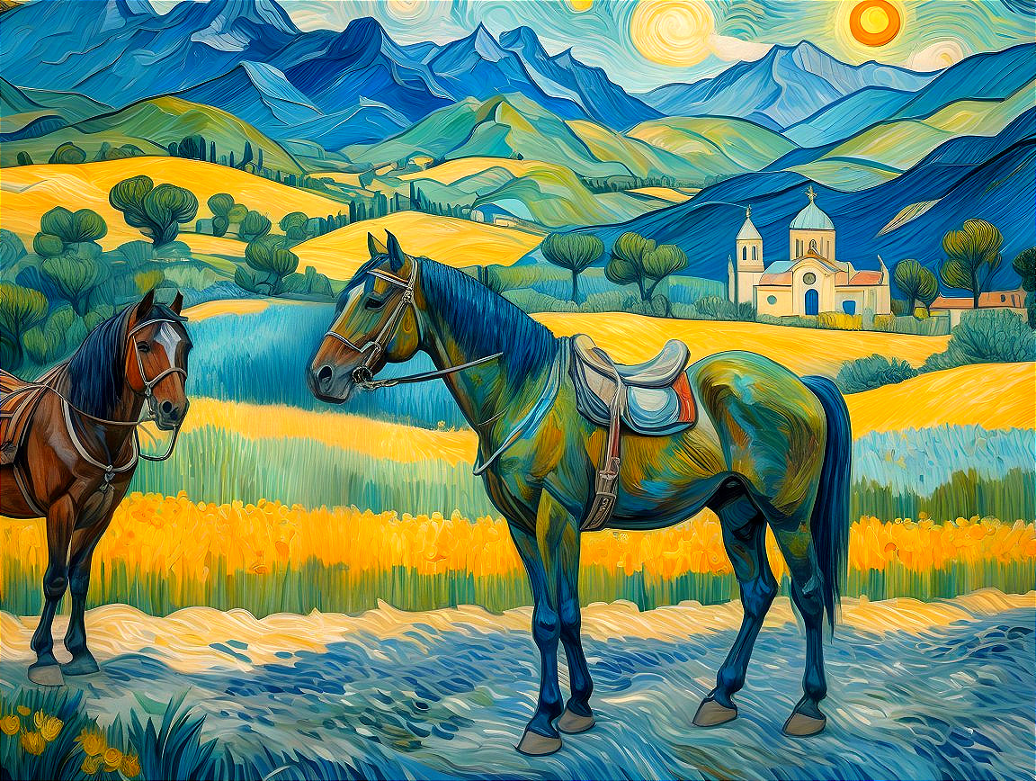 Vibrant Landscape with Horses and Majestic Mountains
