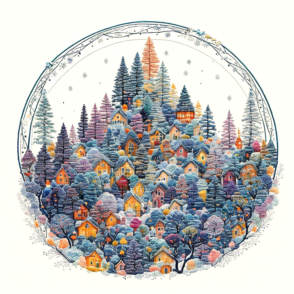 Whimsical winter village with colorful houses and snow