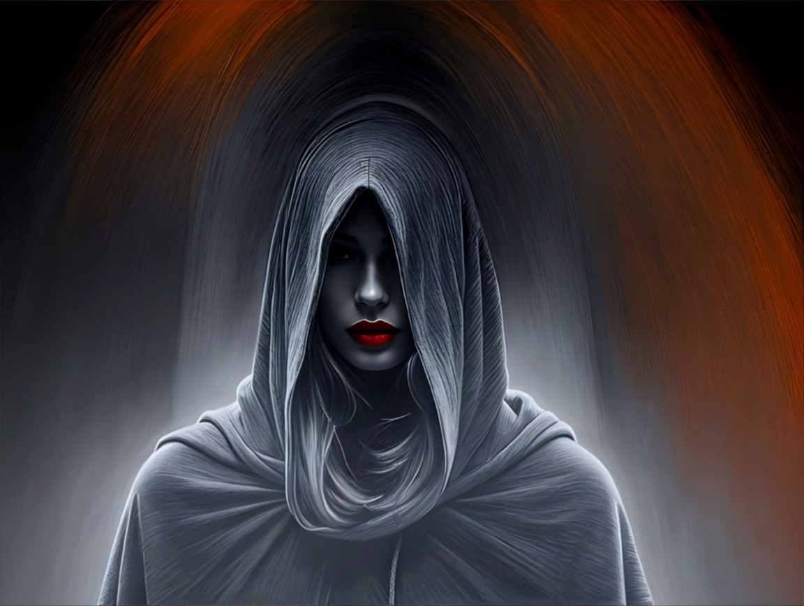 Mysterious cloaked figure with striking red lips