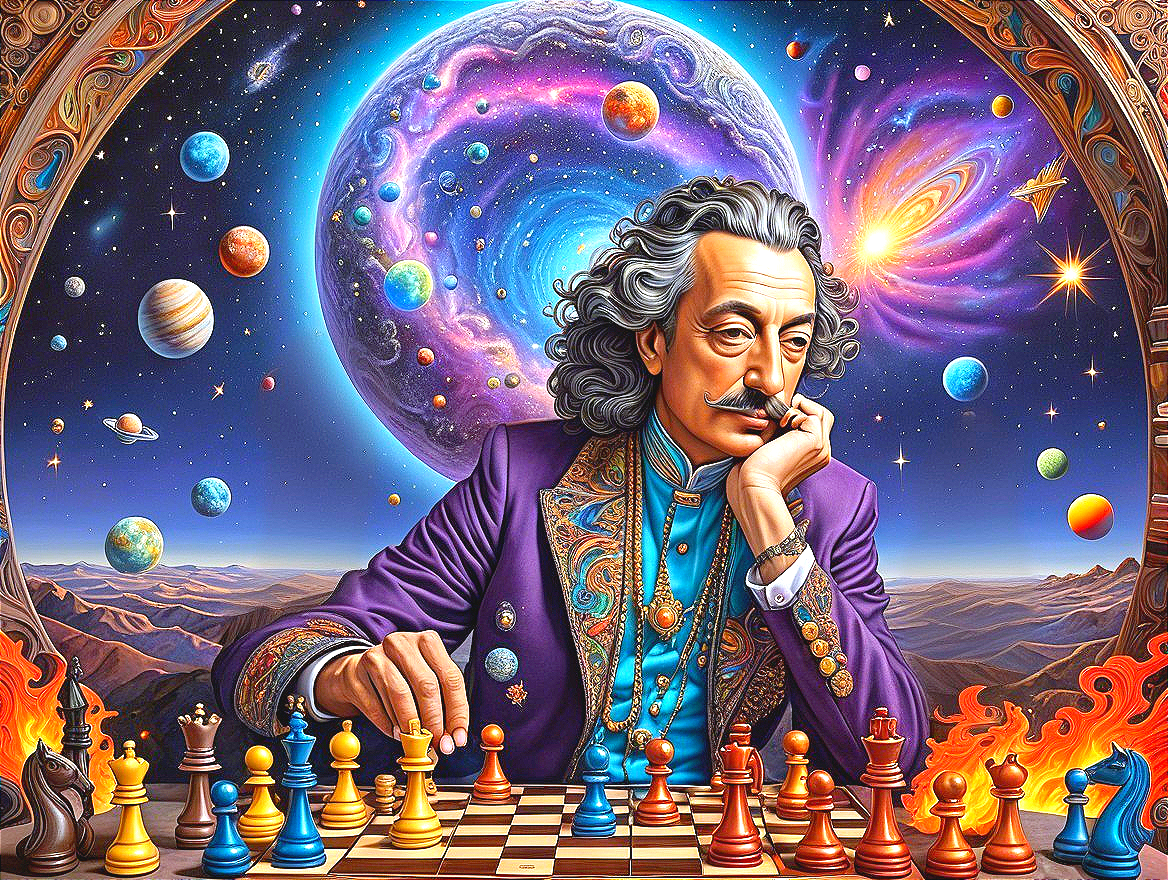 Contemplative Figure with Chessboard in Cosmic Setting