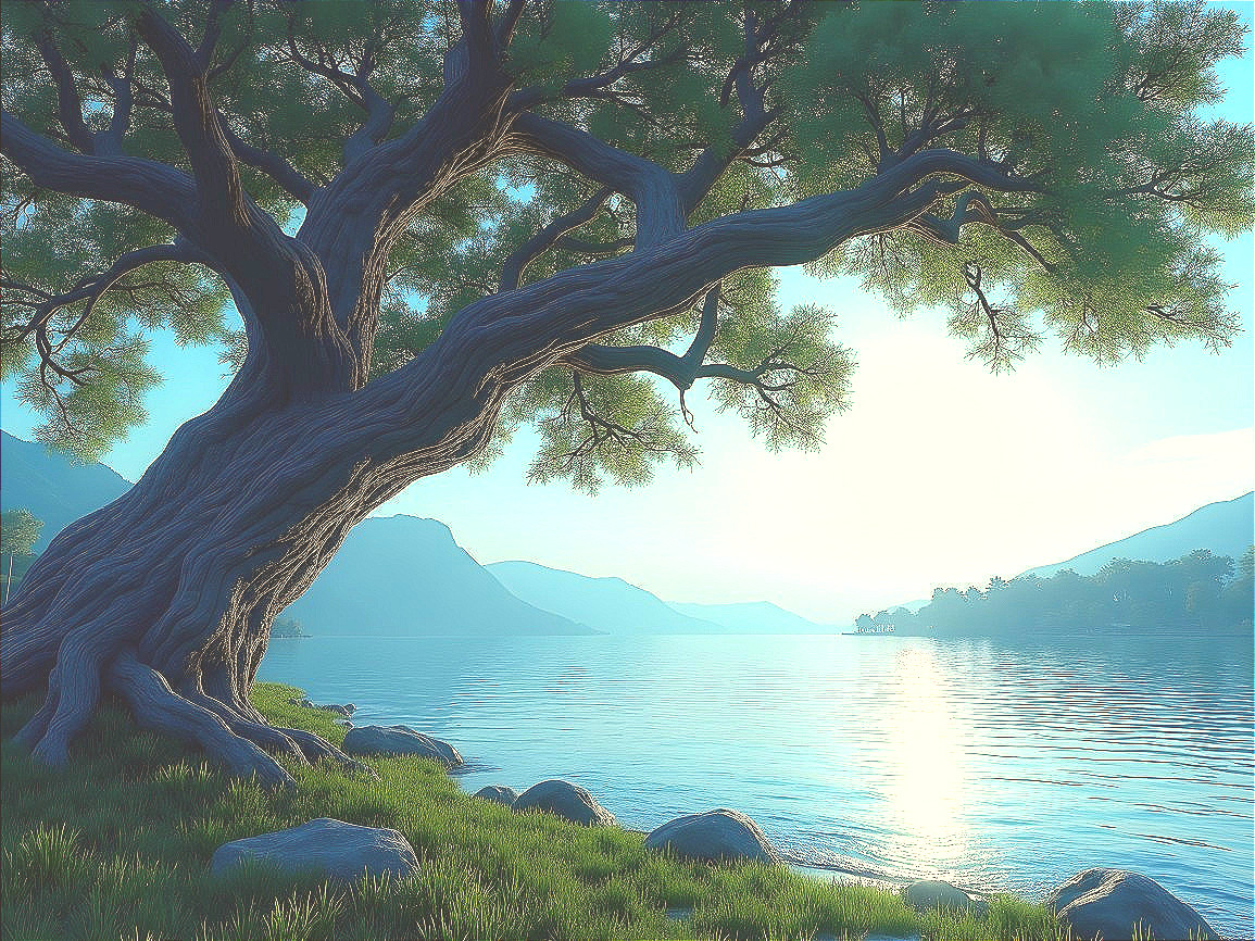 Twisted Tree by Tranquil Lake with Mountain Reflection