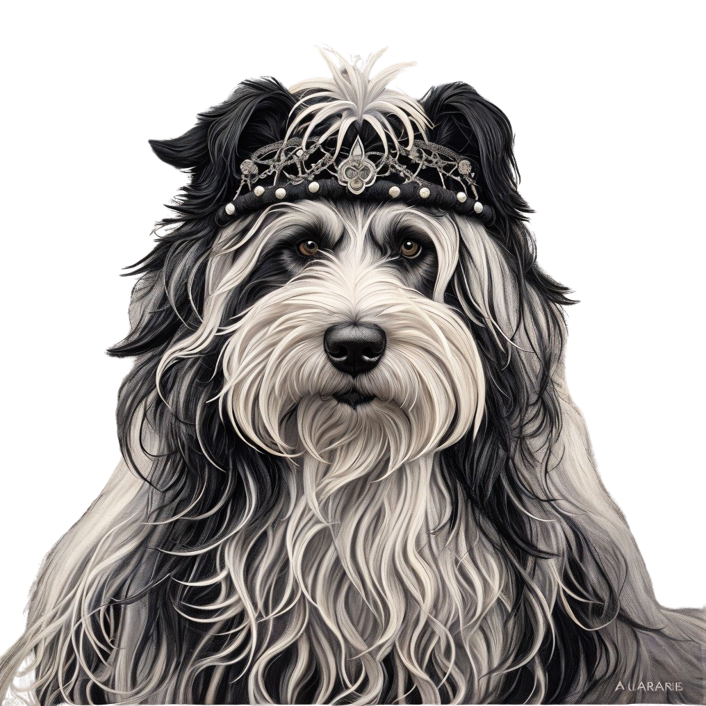 Regal Black and White Dog with Crown on Black Background