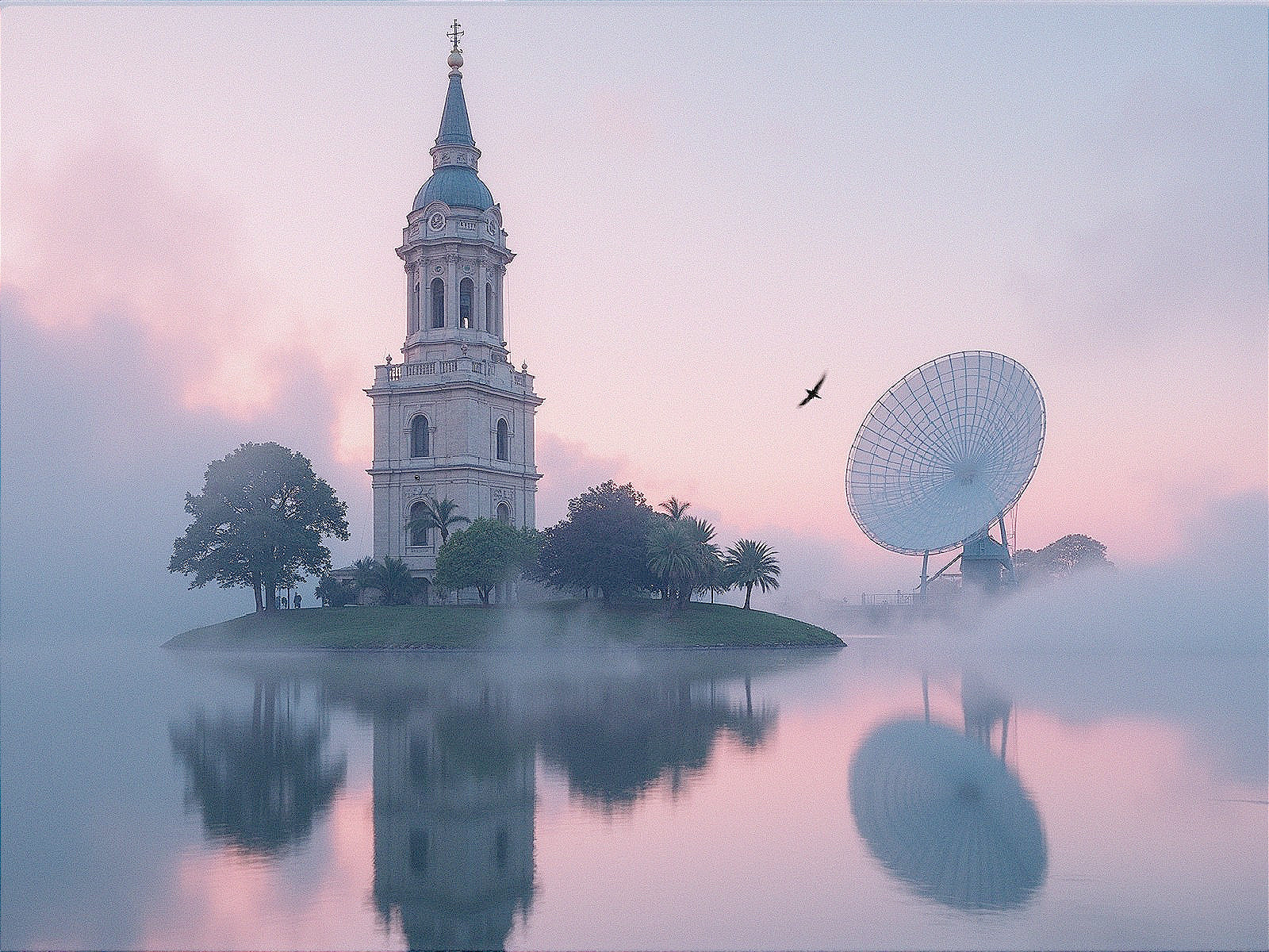 Majestic Clock Tower on Misty Island at Dawn