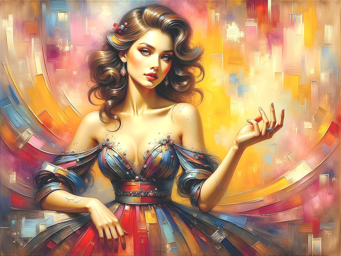 Elegant Woman in Vibrant Dress Against Warm Background