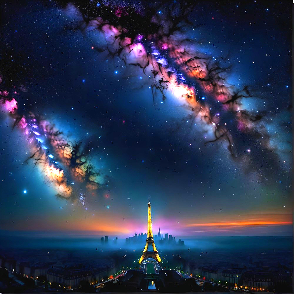 Eiffel Tower Against a Cosmic Night Sky Background