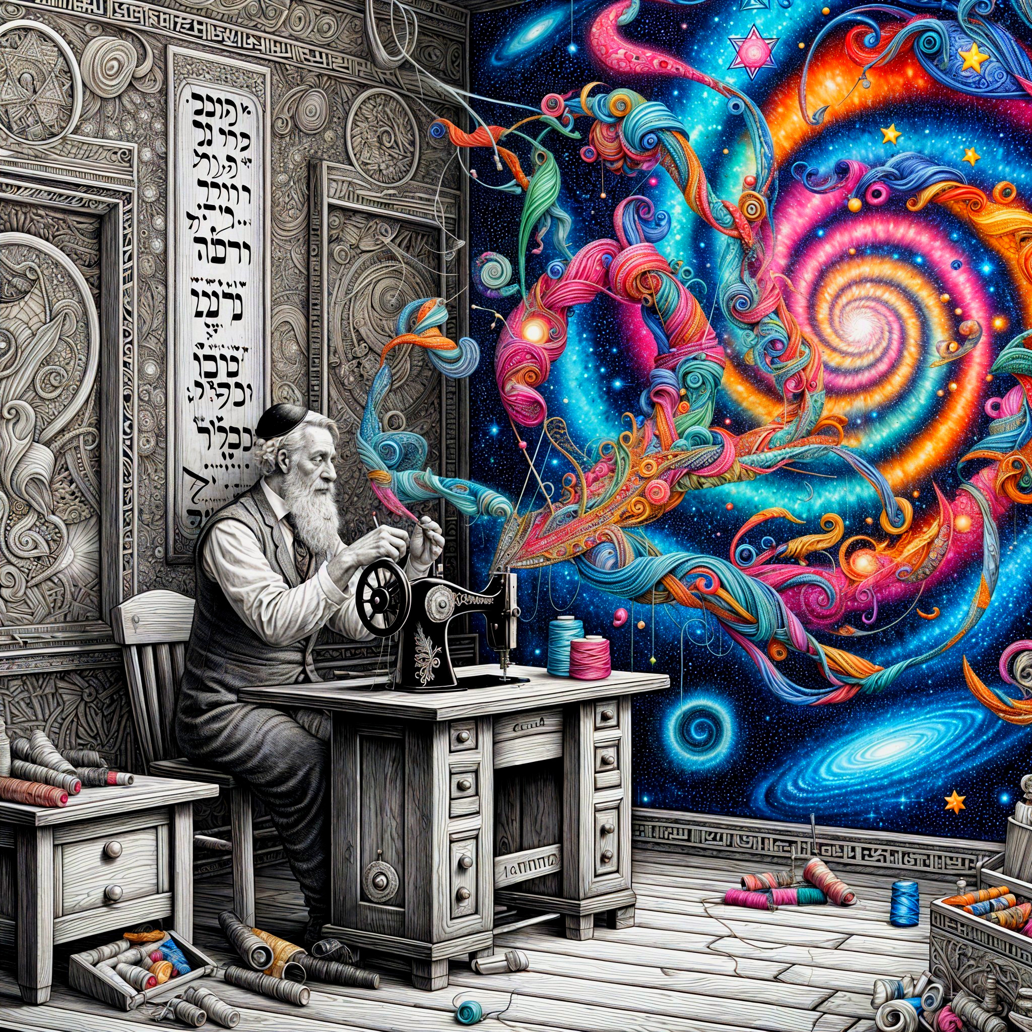 Artisan at Wooden Sewing Machine with Cosmic Background