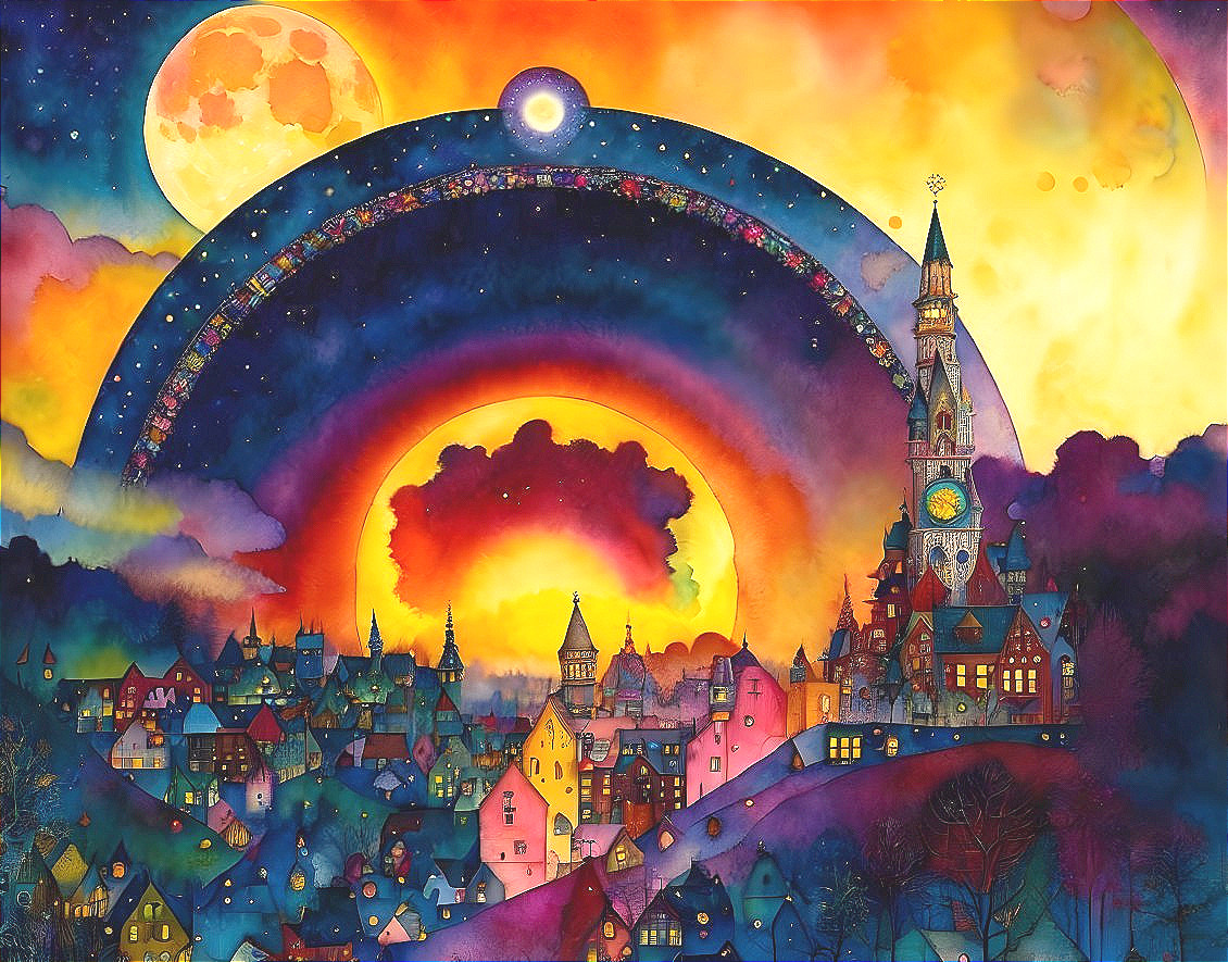 Colorful Watercolor Illustration of Whimsical Townscape with Clock Tower and Rainbow