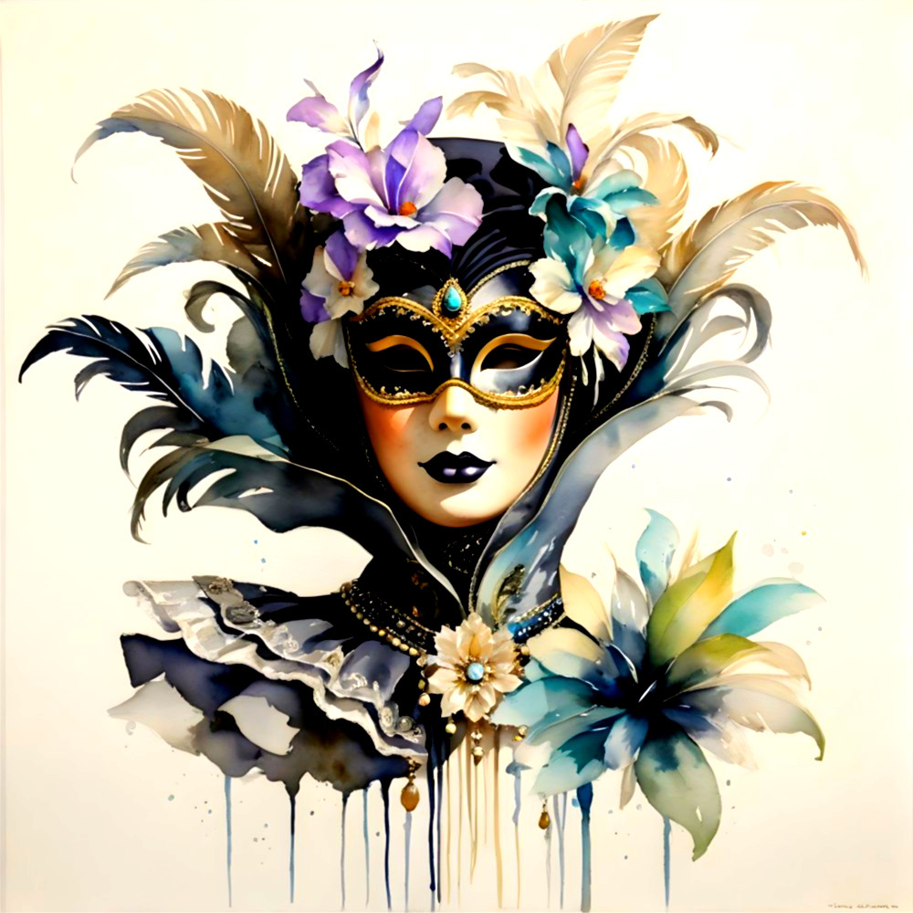 Vibrant Floral and Feather Mask with Intricate Details